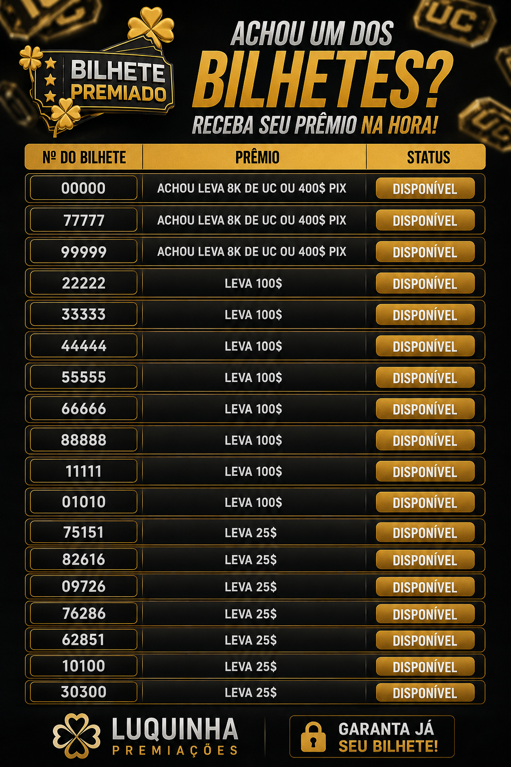 SORTEIO 100K DE UC OU 5K NO PIX